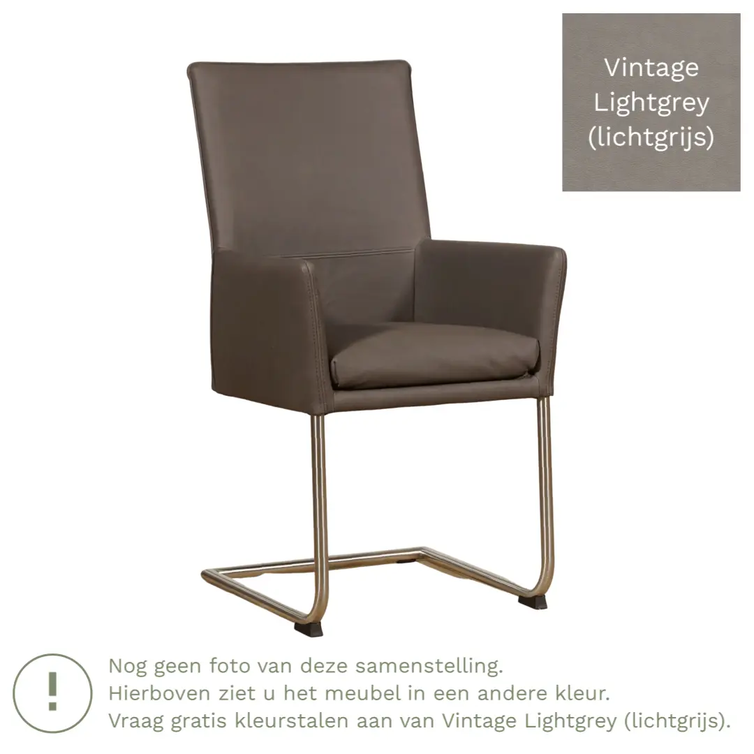 afbeelding van Leren eetkamerstoel Rumor - Vintage Lightgrey (lichtgrijs) - Sledepoot staal rond zwart