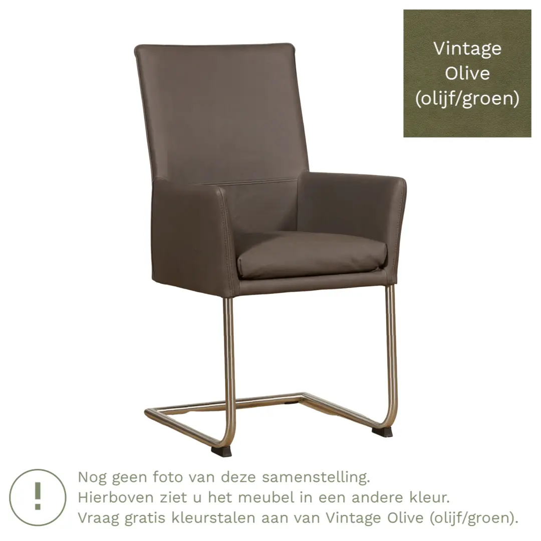 afbeelding van Leren eetkamerstoel Rumor - Vintage Olive (olijf/groen) - Sledepoot staal rond RVS