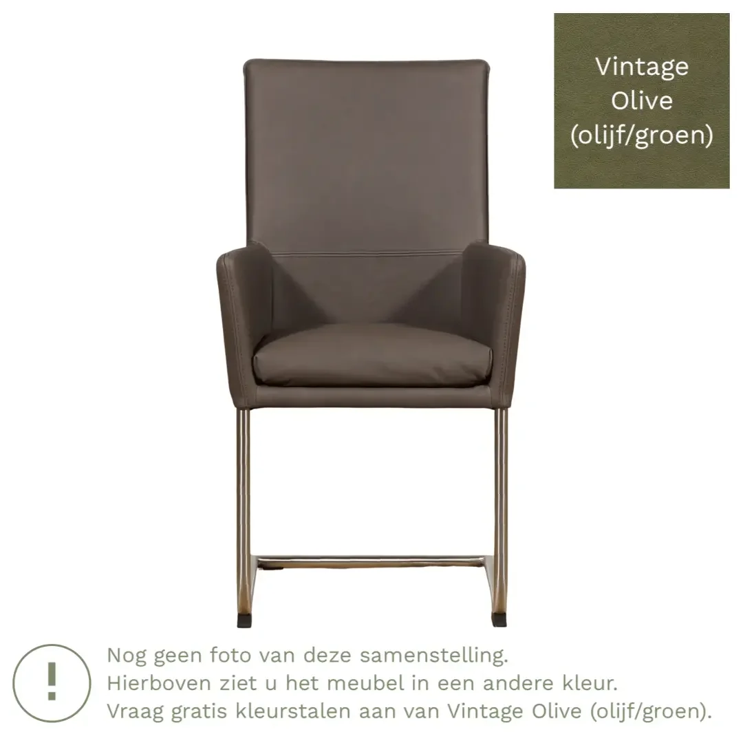 afbeelding van Leren eetkamerstoel Rumor - Vintage Olive (olijf/groen) - Sledepoot staal rond RVS