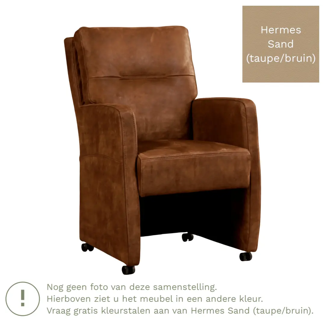afbeelding van Leren eetkamerstoel Sharp - Hermes Sand (taupe/bruin) - Met handgreep zwart