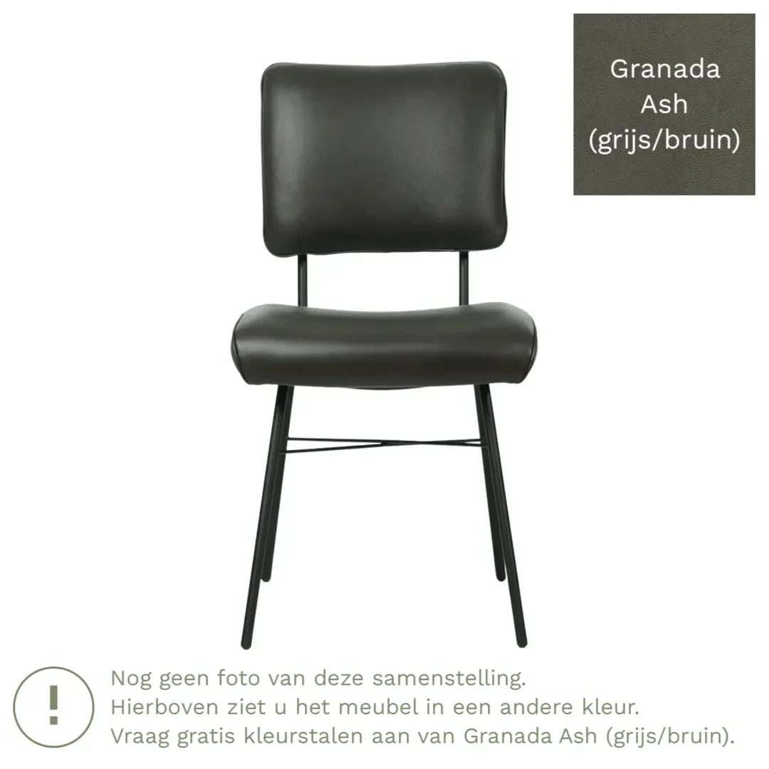 afbeelding van Leren eetkamerstoel Solid - Granada Ash (grijs/bruin) - Poten staal rond zwart