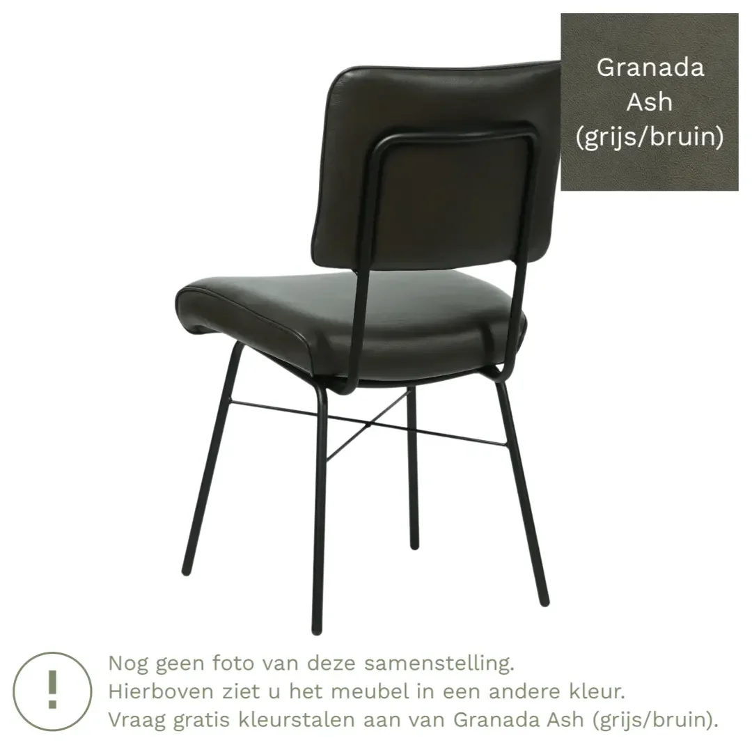 afbeelding van Leren eetkamerstoel Solid - Granada Ash (grijs/bruin) - Poten staal rond zwart