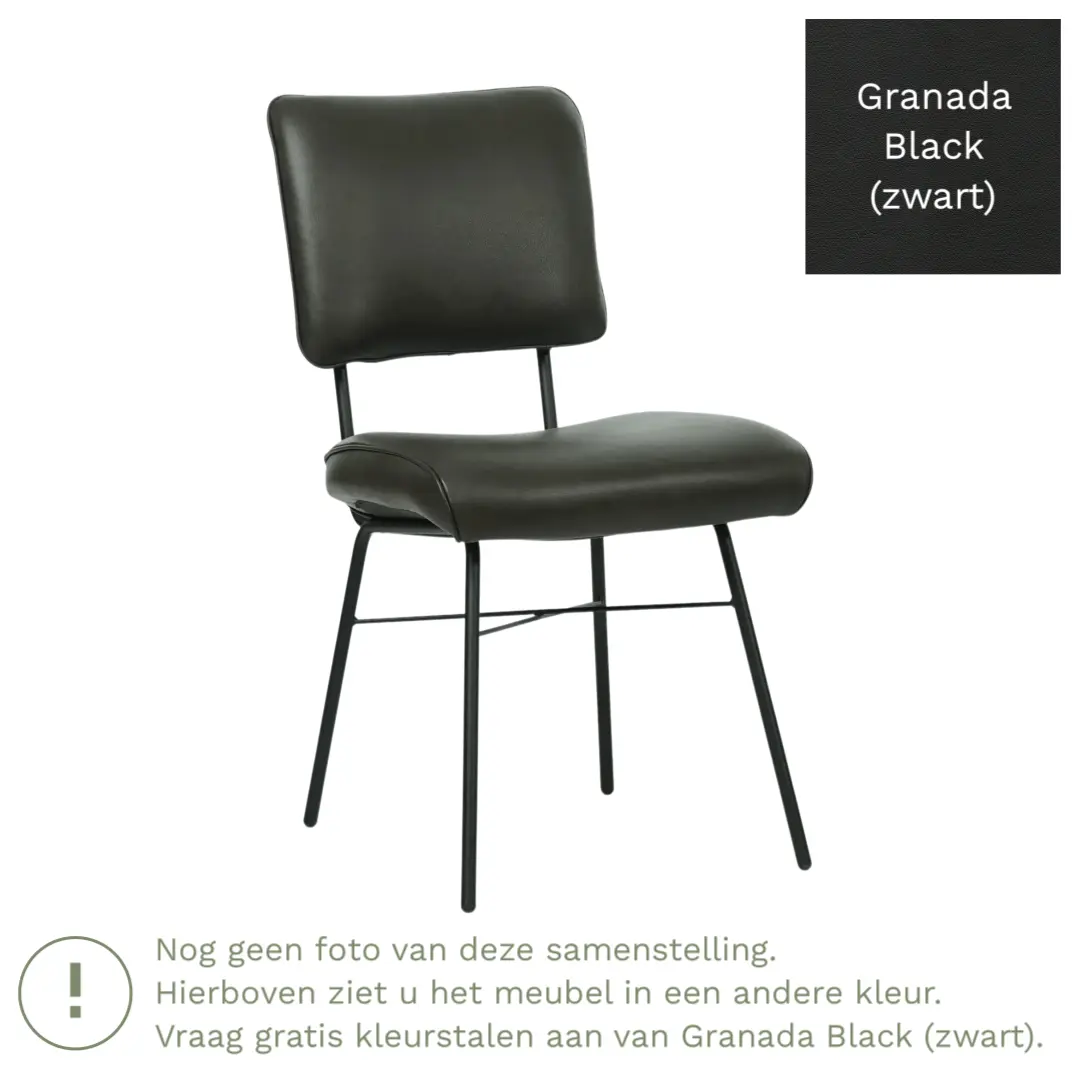 afbeelding van Leren eetkamerstoel Solid - Granada Black (zwart) - Poten staal rond zwart
