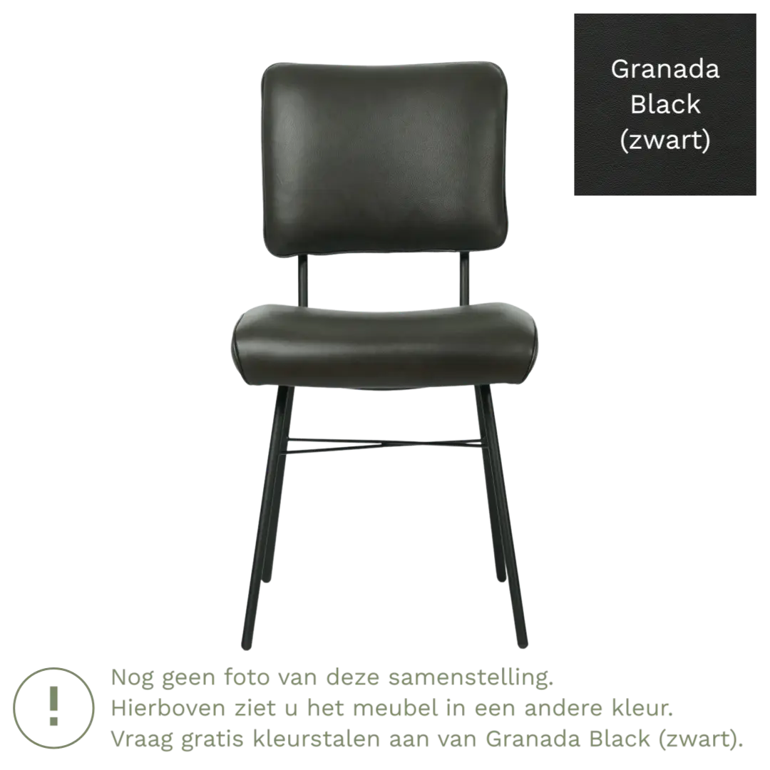 afbeelding van Leren eetkamerstoel Solid - Granada Black (zwart) - Poten staal rond zwart