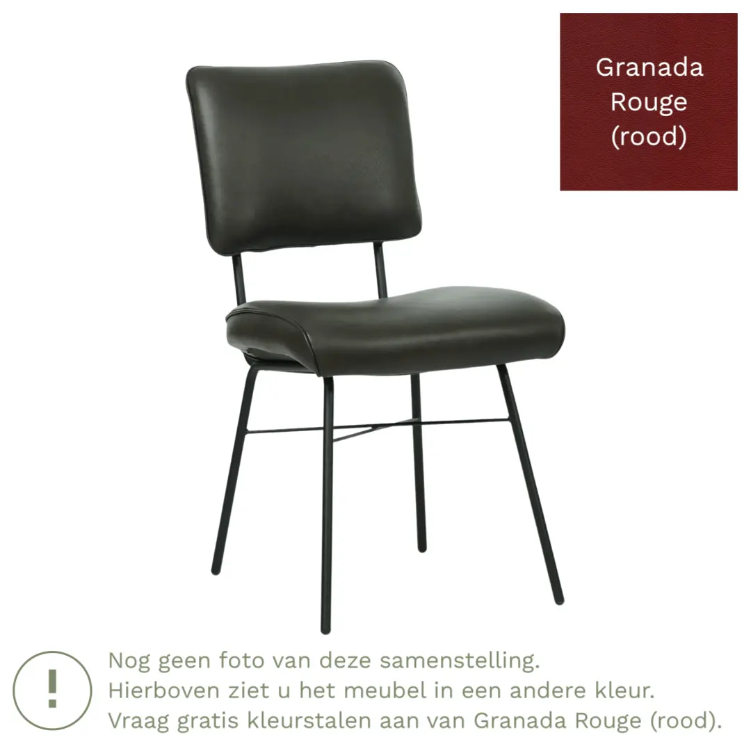 afbeelding van Leren eetkamerstoel Solid - Granada Rouge (rood) - Poten staal rond zwart