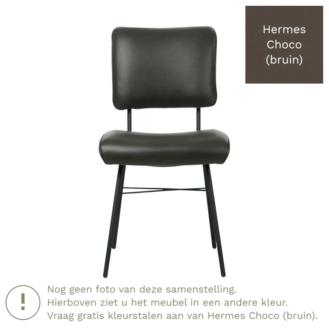 afbeelding van Leren eetkamerstoel Solid - Hermes Choco (bruin) - Poten staal rond zwart