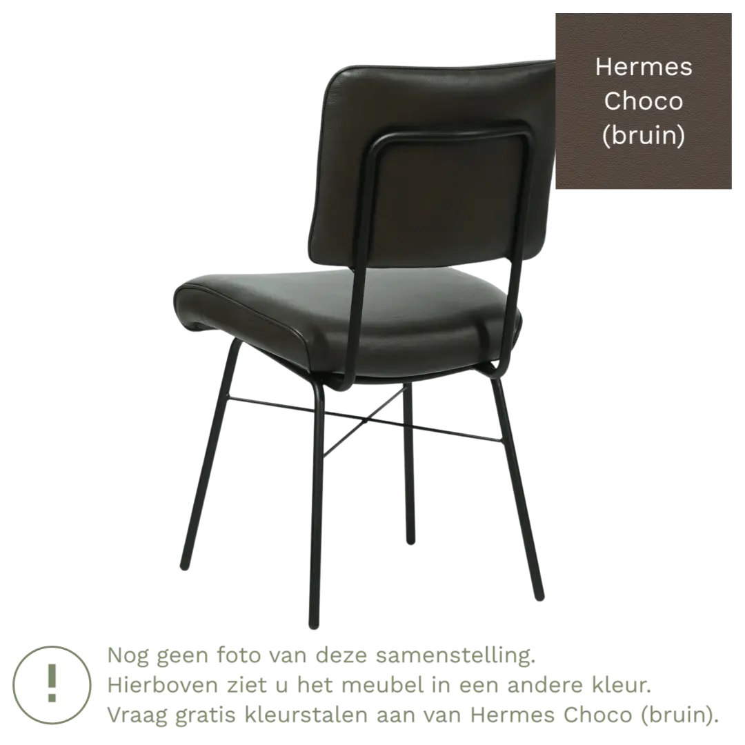 afbeelding van Leren eetkamerstoel Solid - Hermes Choco (bruin) - Poten staal rond zwart