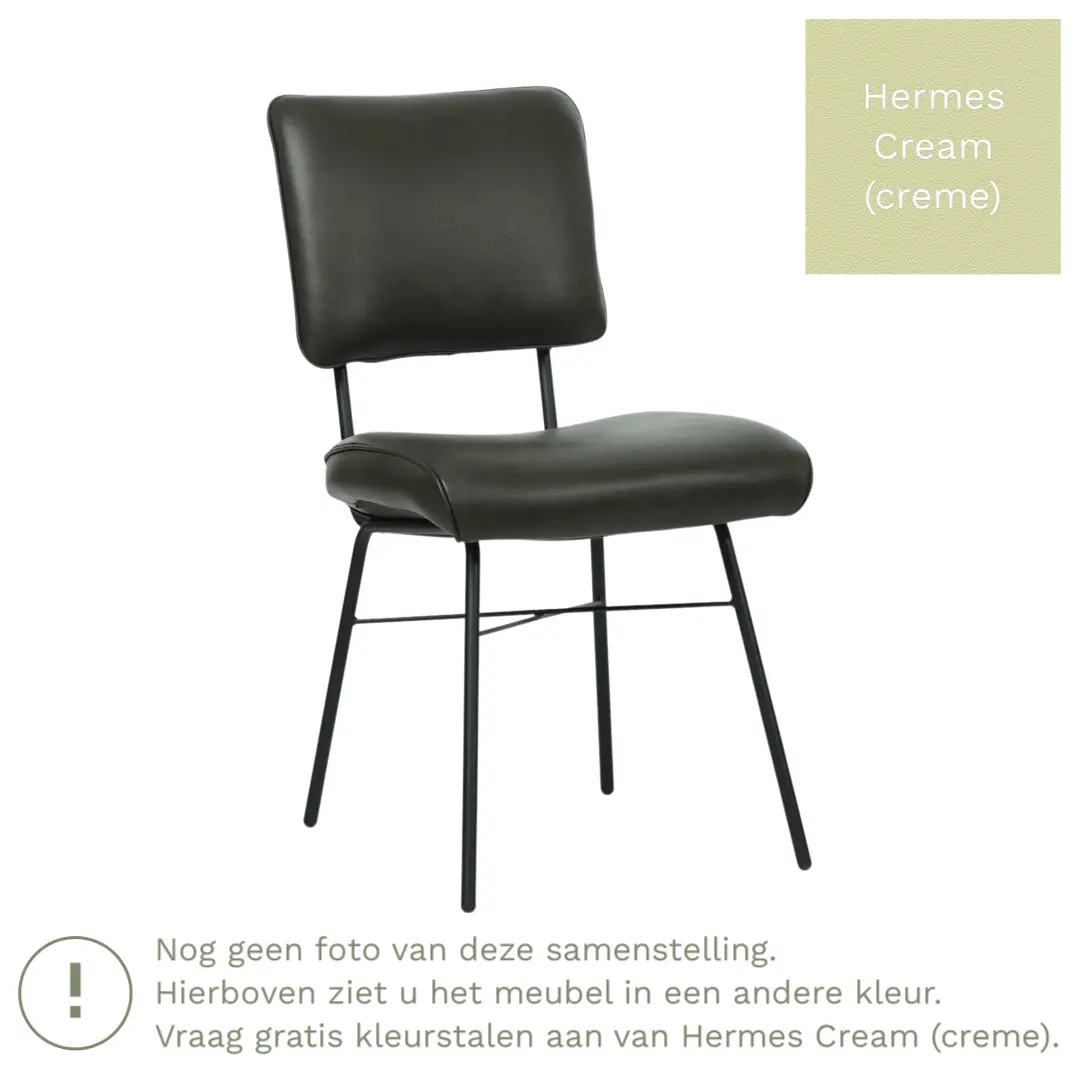 afbeelding van Leren eetkamerstoel Solid - Hermes Cream (crème) - Poten staal rond zwart