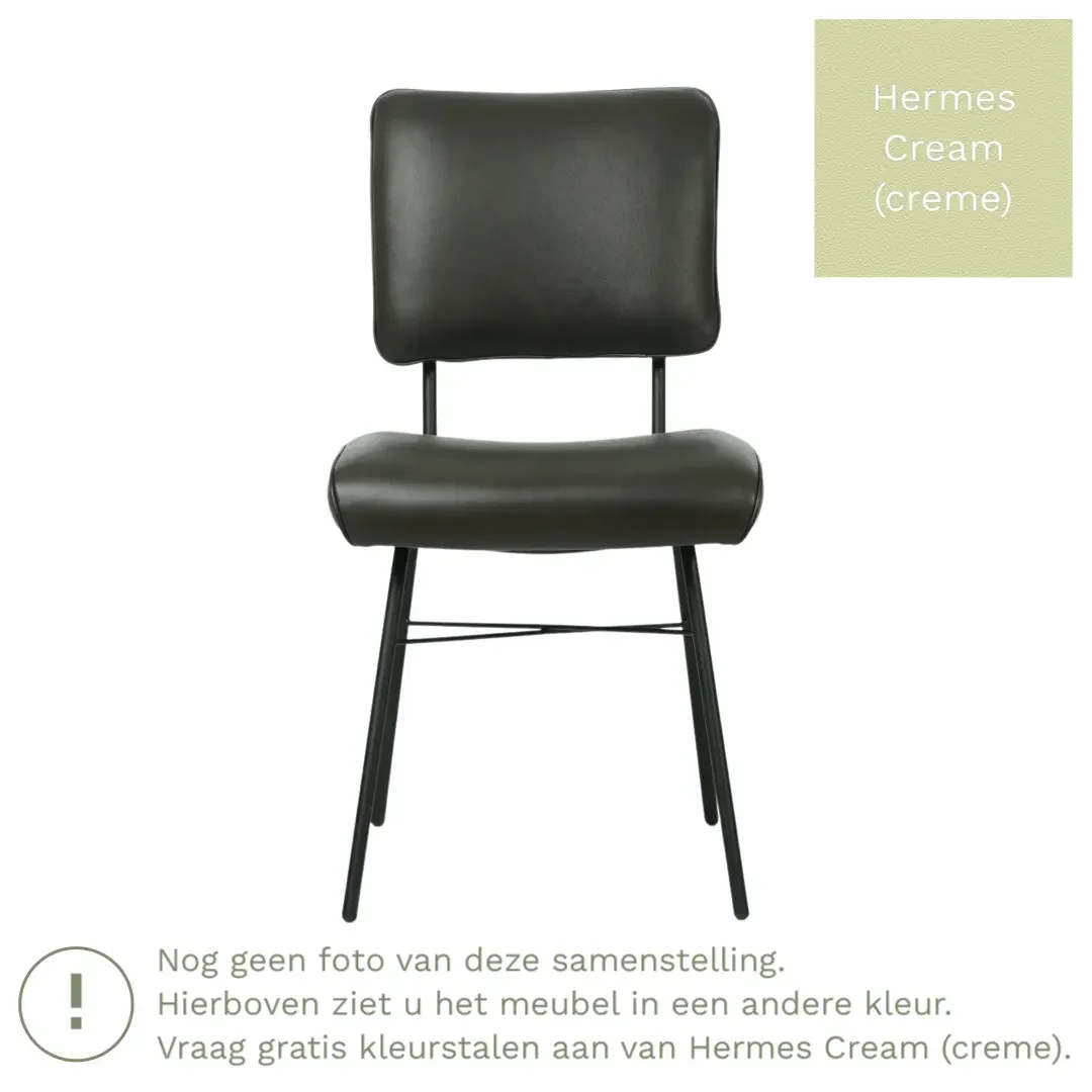 afbeelding van Leren eetkamerstoel Solid - Hermes Cream (crème) - Poten staal rond zwart