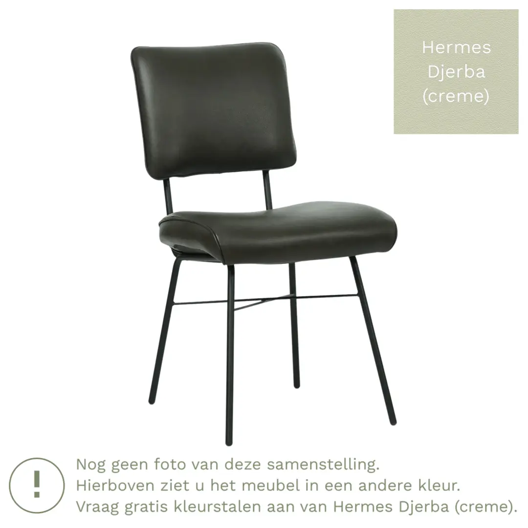 afbeelding van Leren eetkamerstoel Solid - Hermes Djerba (crème) - Poten staal rond zwart