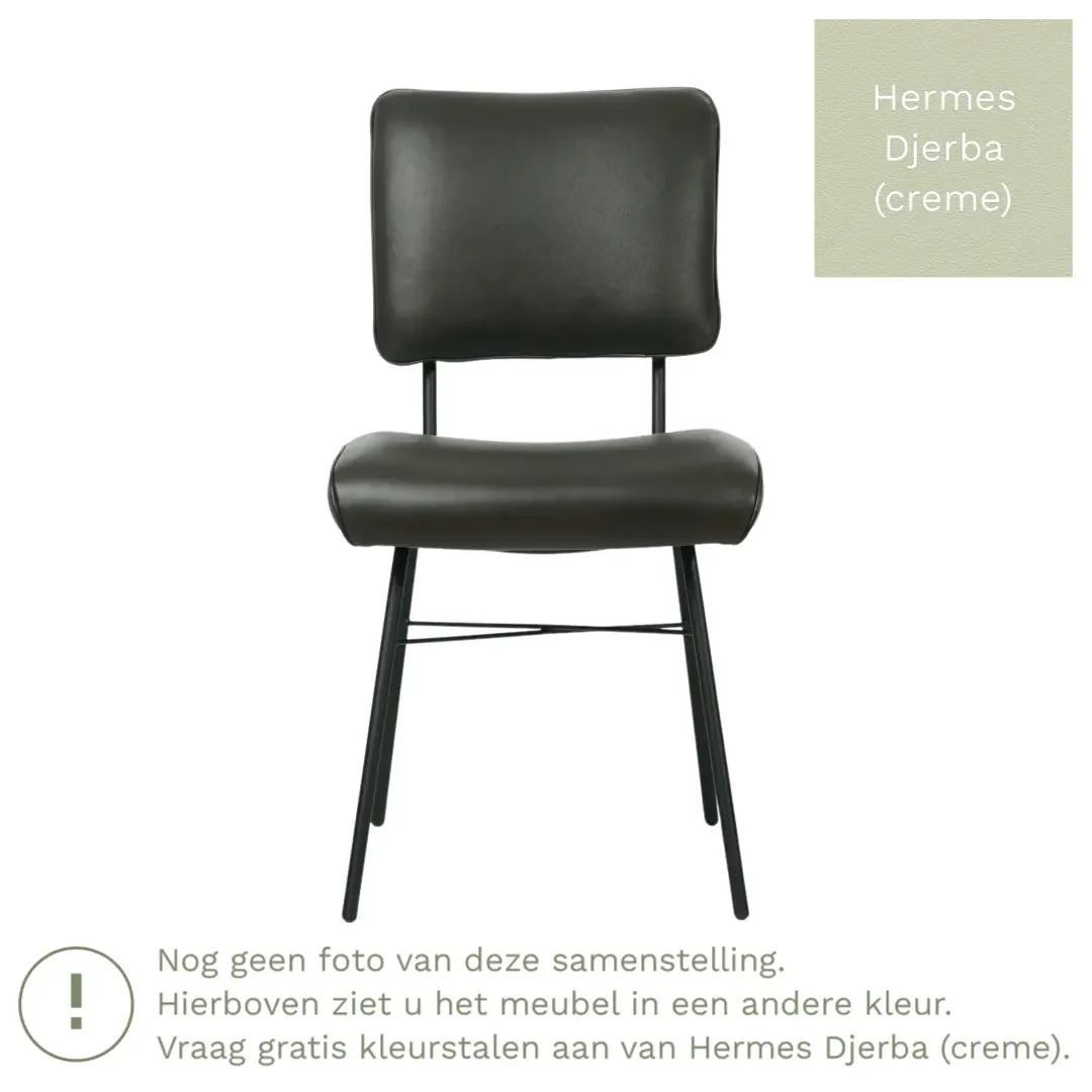afbeelding van Leren eetkamerstoel Solid - Hermes Djerba (crème) - Poten staal rond zwart