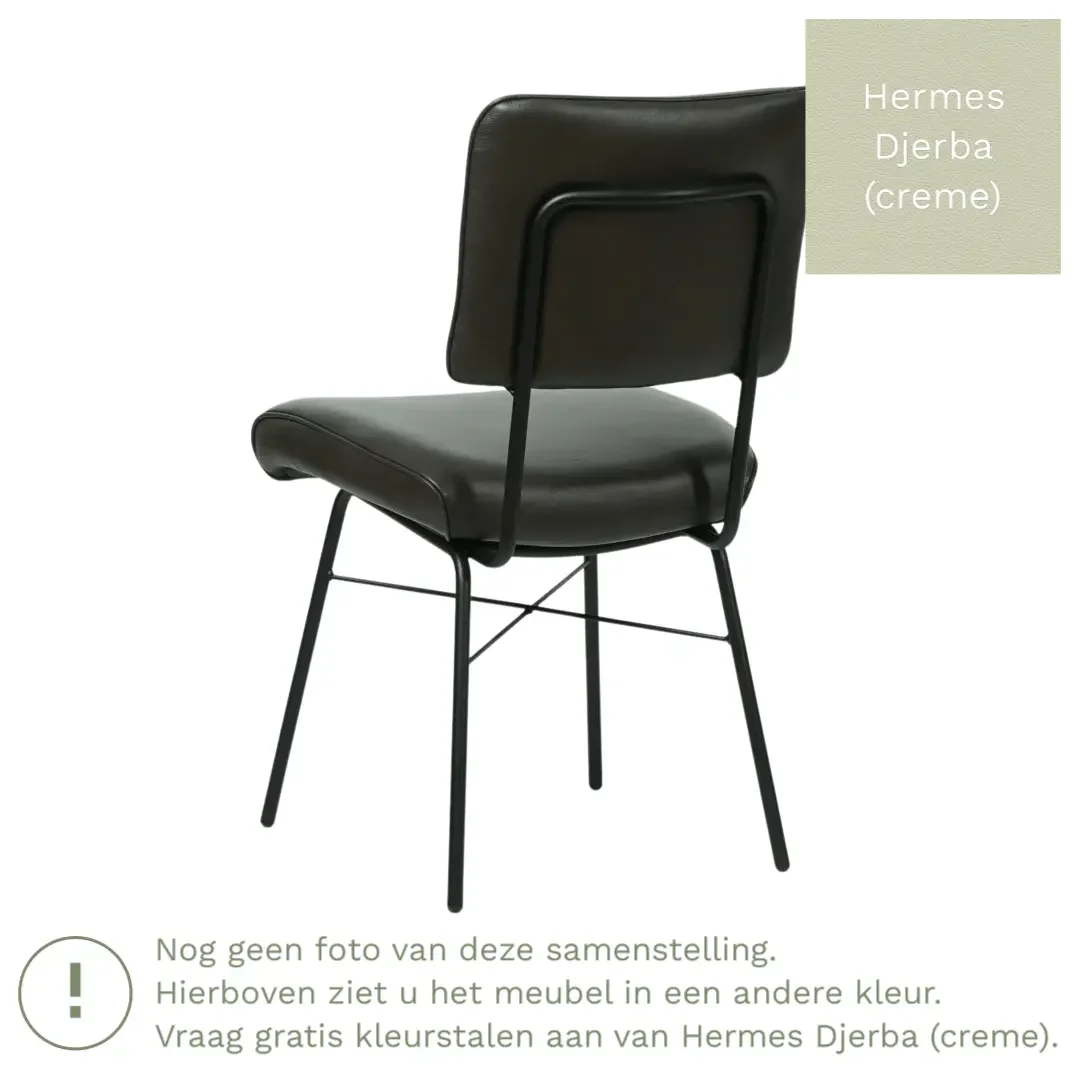 afbeelding van Leren eetkamerstoel Solid - Hermes Djerba (crème) - Poten staal rond zwart