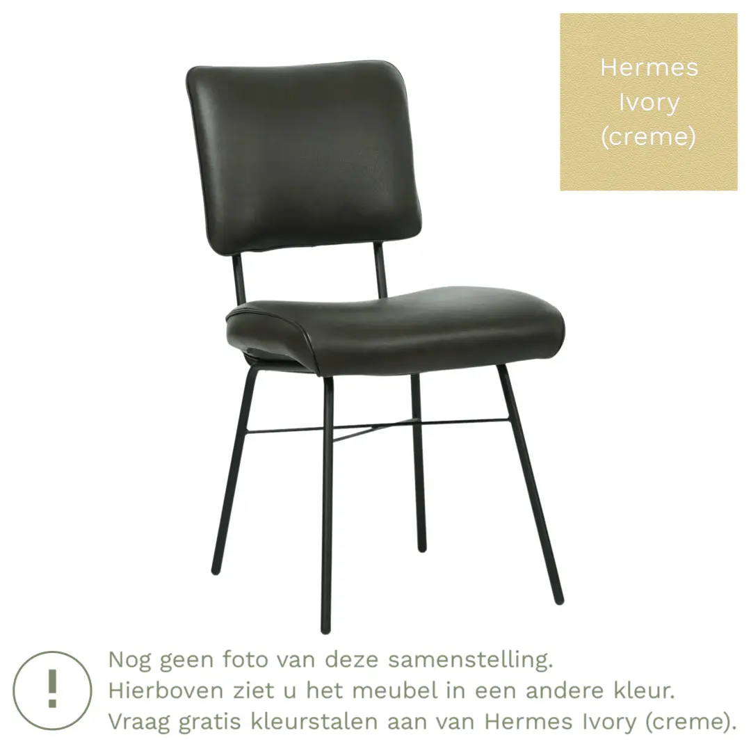 afbeelding van Leren eetkamerstoel Solid - Hermes Ivory (crème) - Poten staal rond zwart