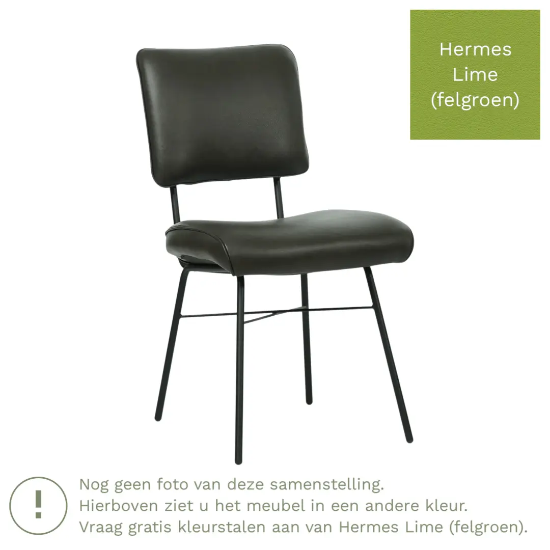 afbeelding van Leren eetkamerstoel Solid - Hermes Lime (felgroen) - Poten staal rond zwart