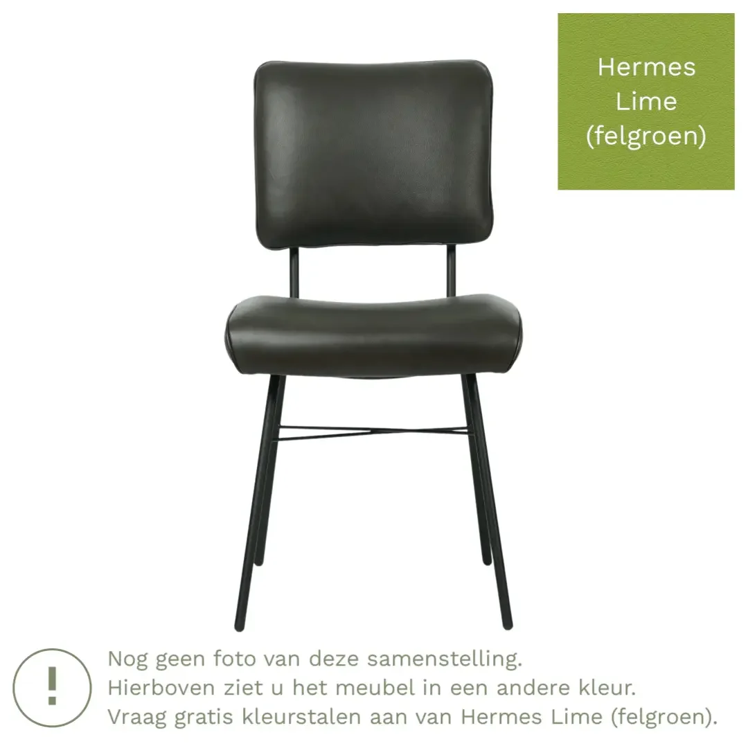 afbeelding van Leren eetkamerstoel Solid - Hermes Lime (felgroen) - Poten staal rond zwart