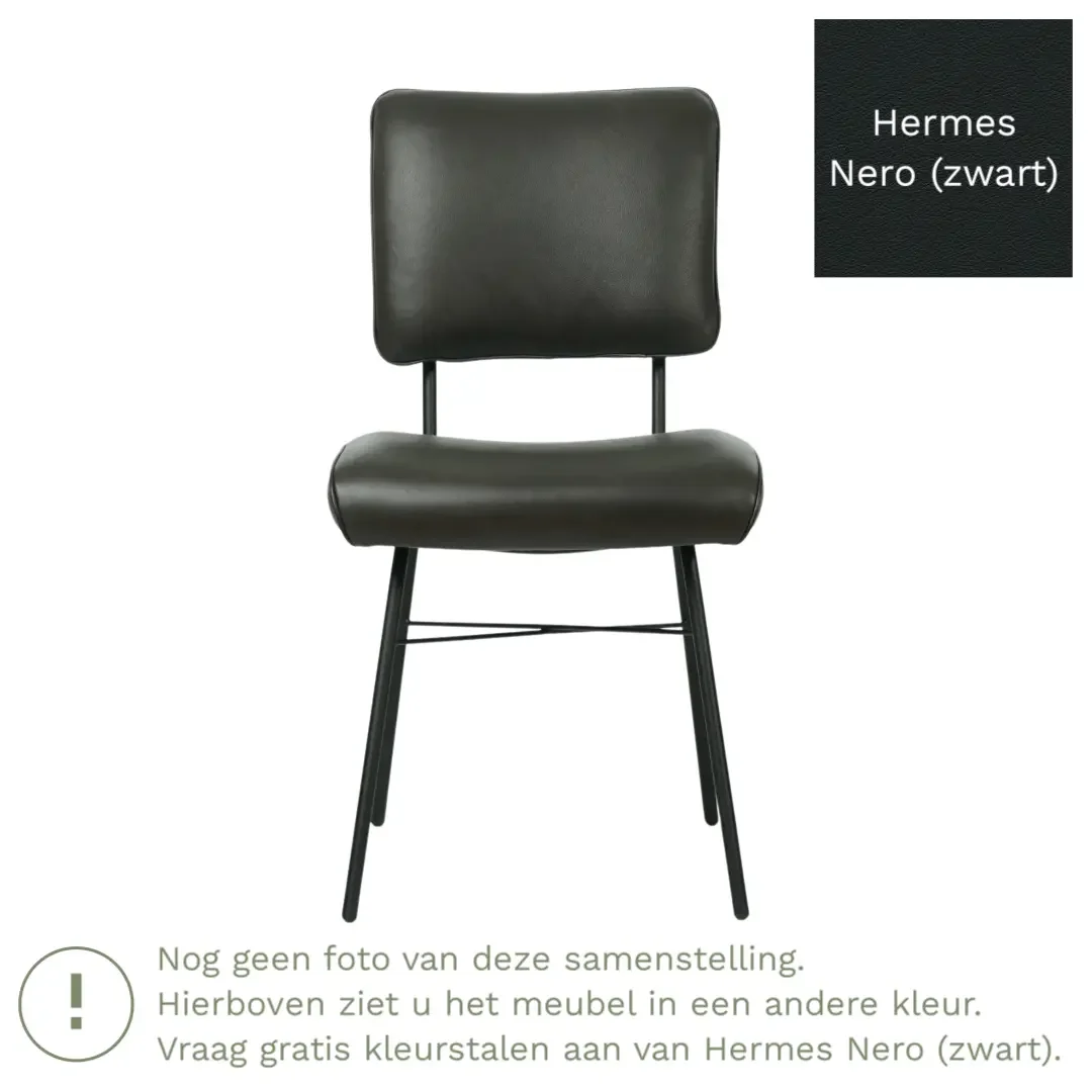afbeelding van Leren eetkamerstoel Solid - Hermes Nero (zwart) - Poten staal rond zwart