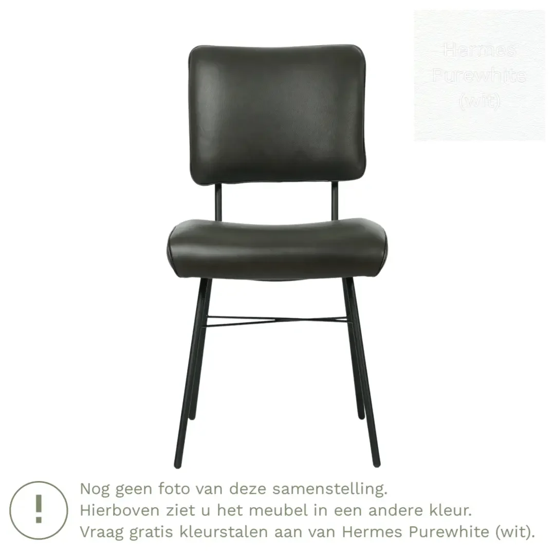 afbeelding van Leren eetkamerstoel Solid - Hermes Purewhite (wit) - Poten staal rond zwart