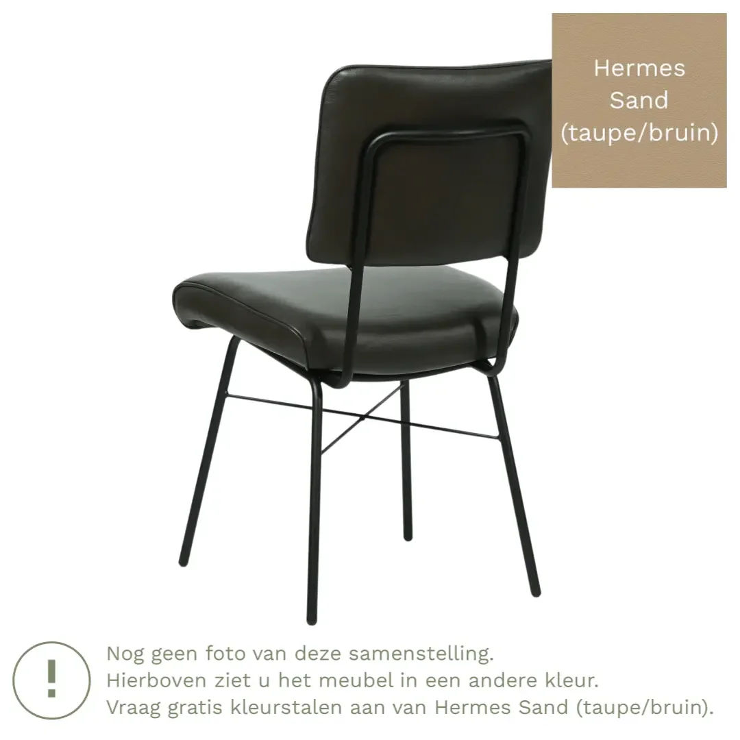 afbeelding van Leren eetkamerstoel Solid - Hermes Sand (taupe/bruin) - Poten staal rond zwart