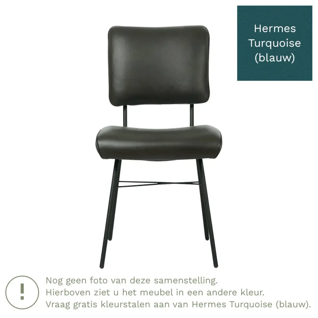 afbeelding van Leren eetkamerstoel Solid - Hermes Turquoise (blauw) - Poten staal rond zwart