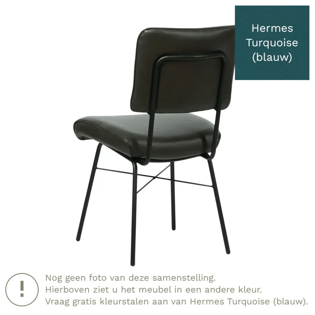 afbeelding van Leren eetkamerstoel Solid - Hermes Turquoise (blauw) - Poten staal rond zwart