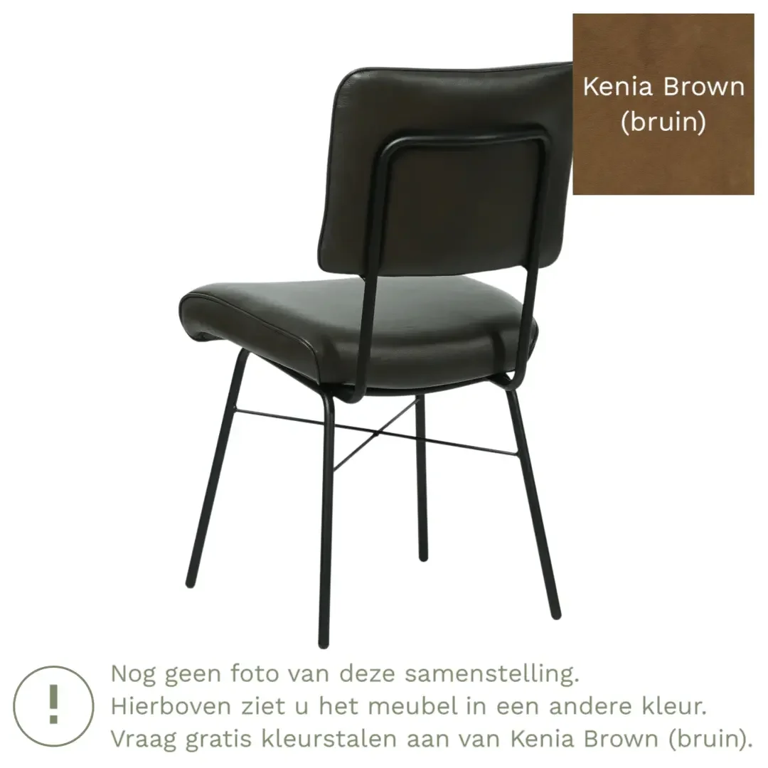 afbeelding van Leren eetkamerstoel Solid - Kenia Brown (bruin) - Poten staal rond zwart