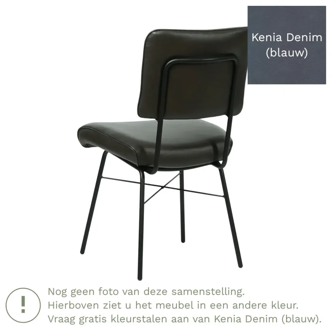 afbeelding van Leren eetkamerstoel Solid - Kenia Denim (blauw) - Poten staal rond zwart