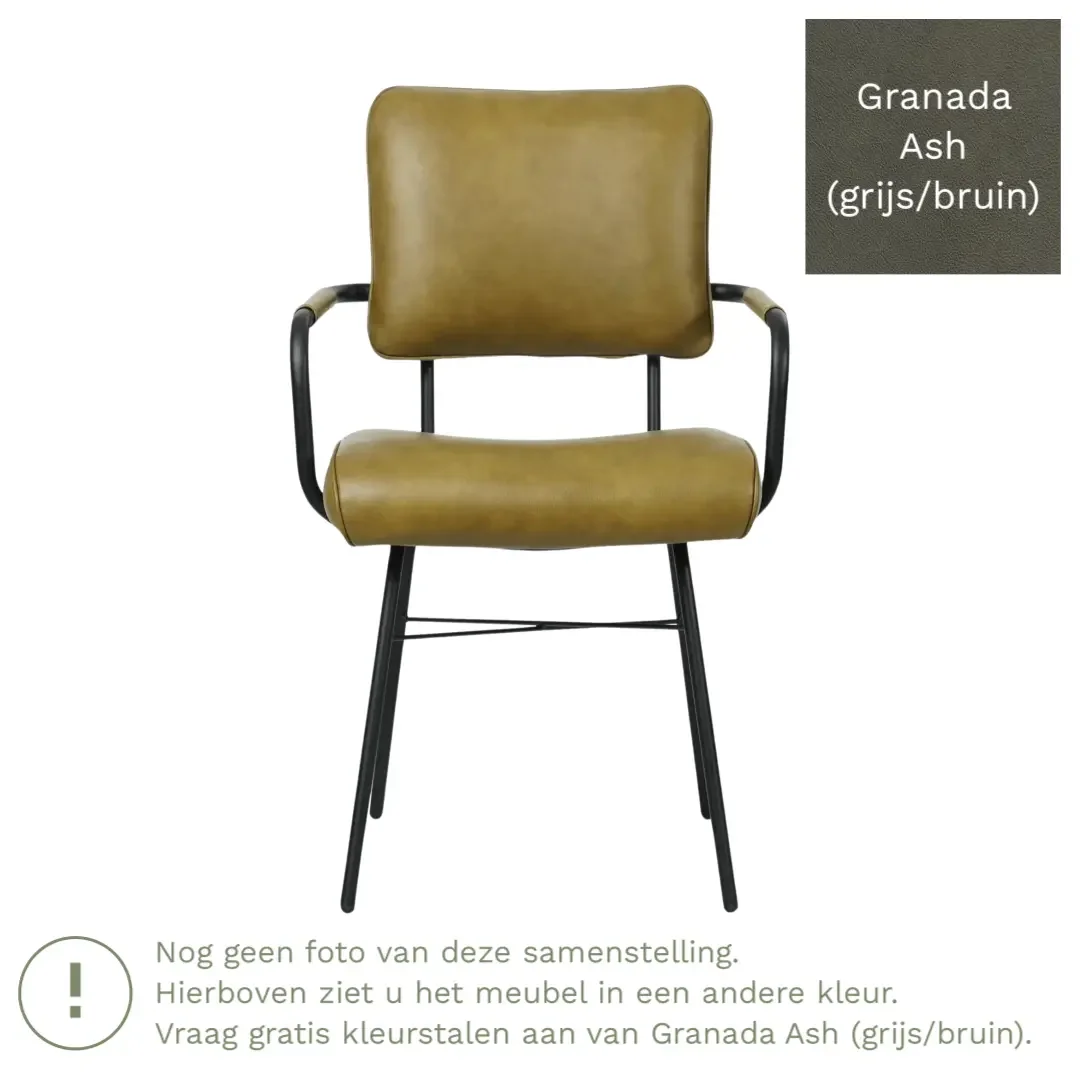 afbeelding van Leren eetkamerstoel Solid met armleuning - Granada Ash (grijs/bruin) - Poten staal rond zwart