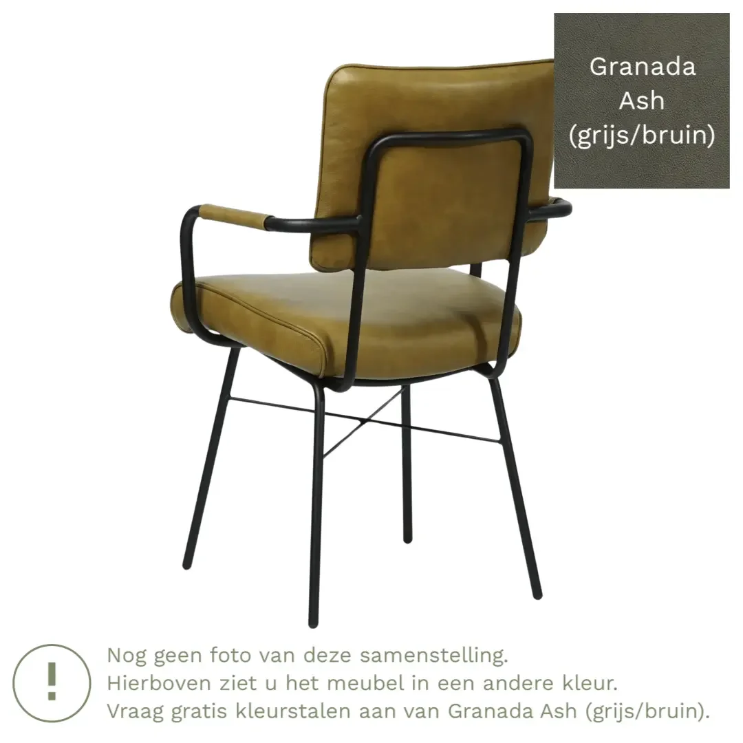 afbeelding van Leren eetkamerstoel Solid met armleuning - Granada Ash (grijs/bruin) - Poten staal rond zwart