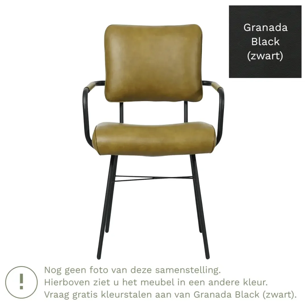afbeelding van Leren eetkamerstoel Solid met armleuning - Granada Black (zwart) - Poten staal rond zwart