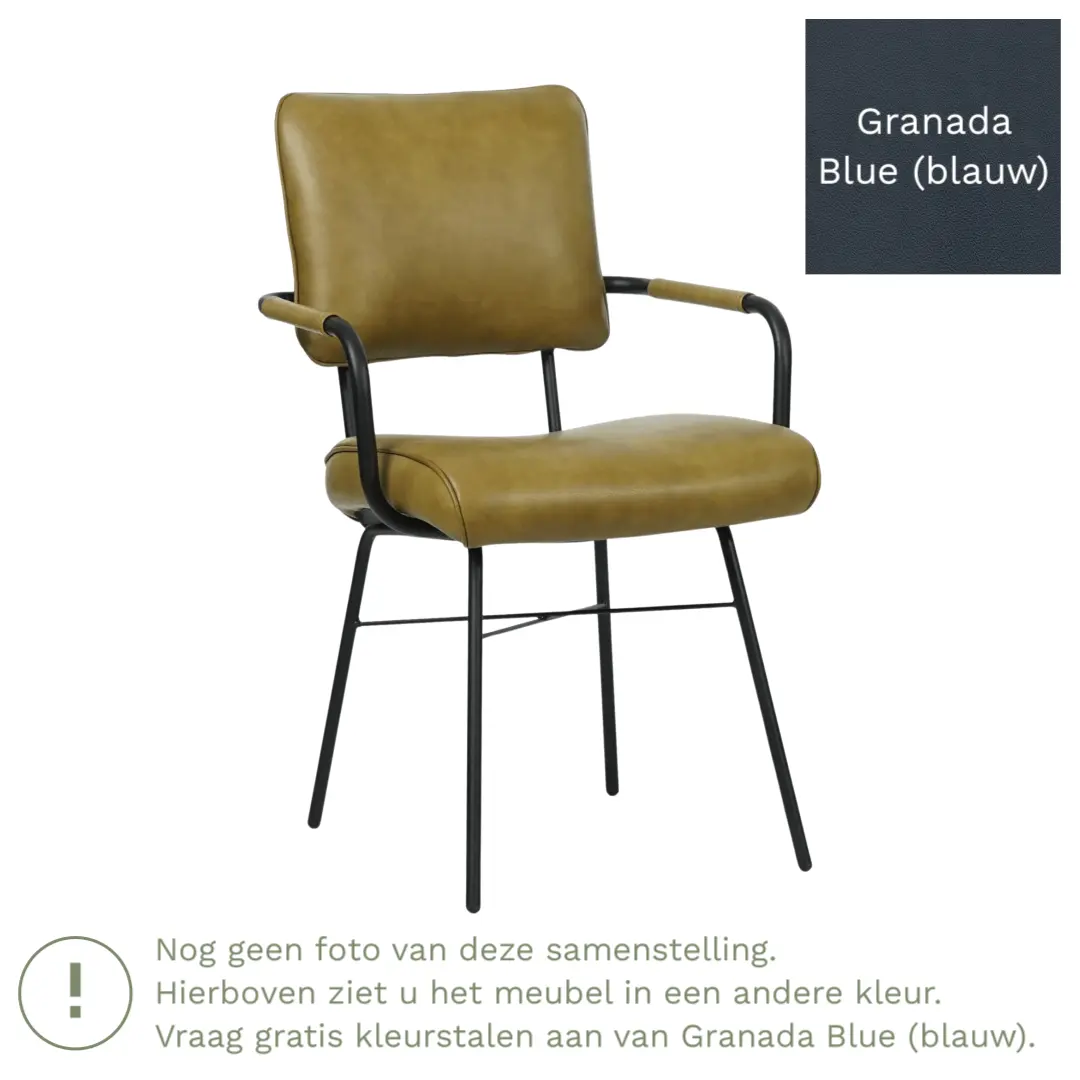 afbeelding van Leren eetkamerstoel Solid met armleuning - Granada Blue (blauw) - Poten staal rond zwart