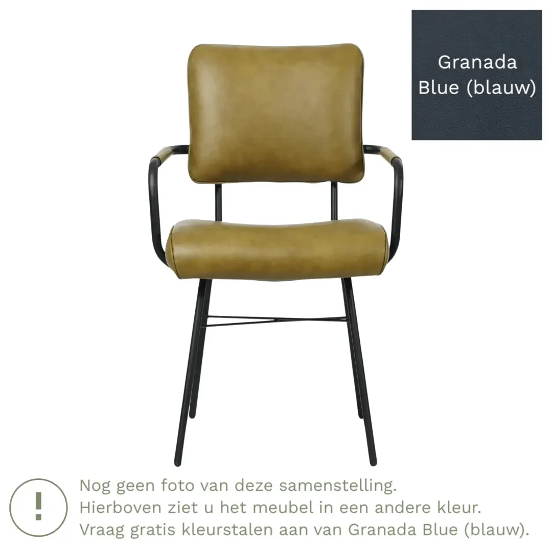afbeelding van Leren eetkamerstoel Solid met armleuning - Granada Blue (blauw) - Poten staal rond zwart