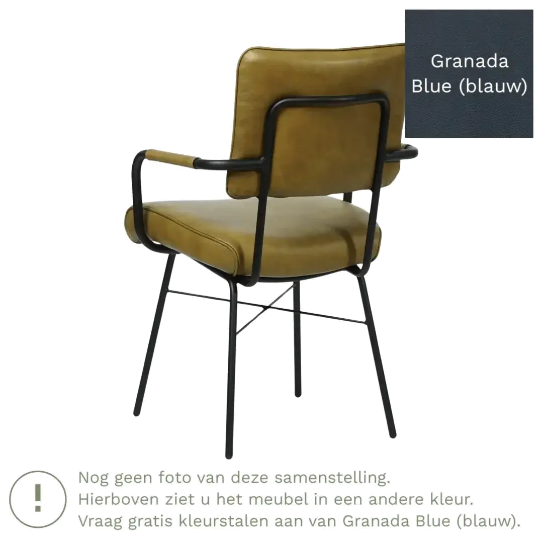 afbeelding van Leren eetkamerstoel Solid met armleuning - Granada Blue (blauw) - Poten staal rond zwart