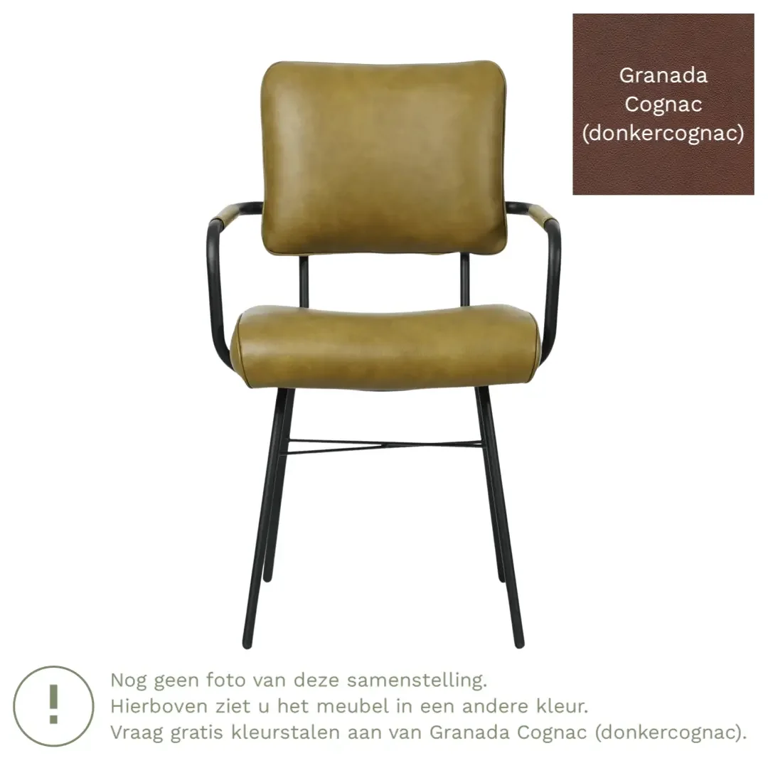 afbeelding van Leren eetkamerstoel Solid met armleuning - Granada Cognac (donkercognac) - Poten staal rond zwart
