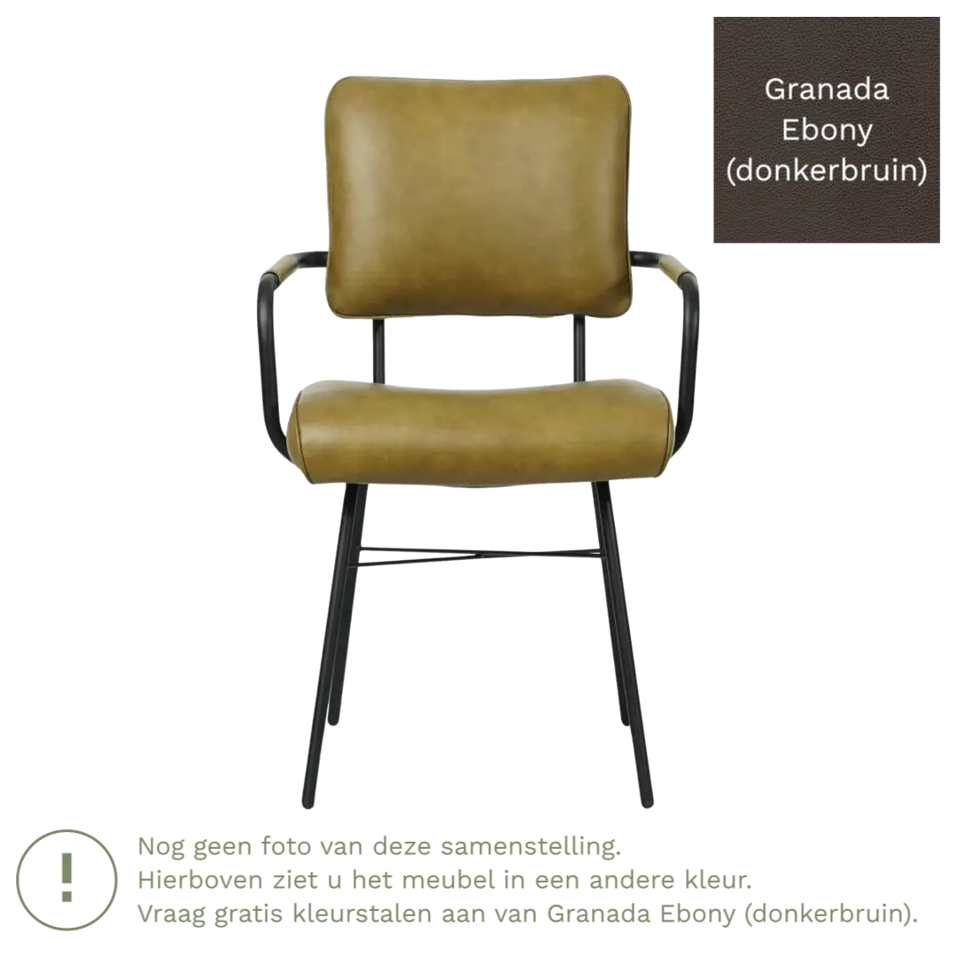 afbeelding van Leren eetkamerstoel Solid met armleuning - Granada Ebony (donkerbruin) - Poten staal rond zwart