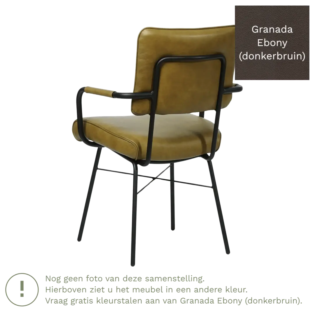 afbeelding van Leren eetkamerstoel Solid met armleuning - Granada Ebony (donkerbruin) - Poten staal rond zwart
