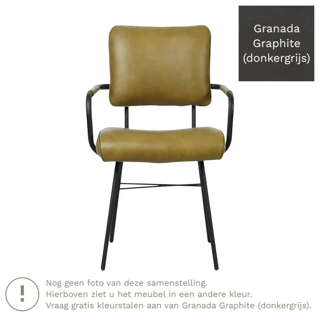 afbeelding van Leren eetkamerstoel Solid met armleuning - Granada Graphite (donkergrijs) - Poten staal rond zwart