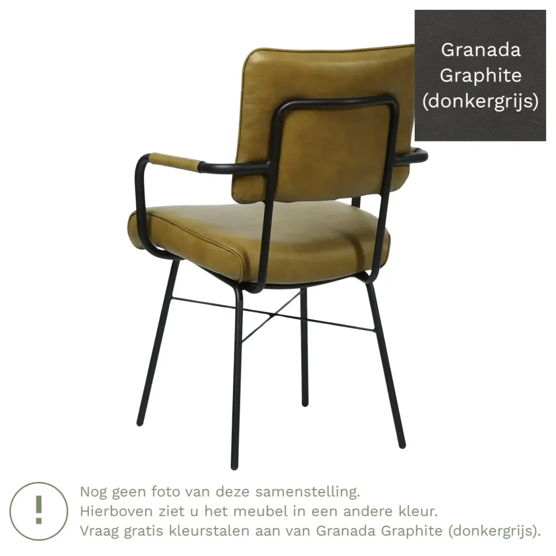 afbeelding van Leren eetkamerstoel Solid met armleuning - Granada Graphite (donkergrijs) - Poten staal rond zwart