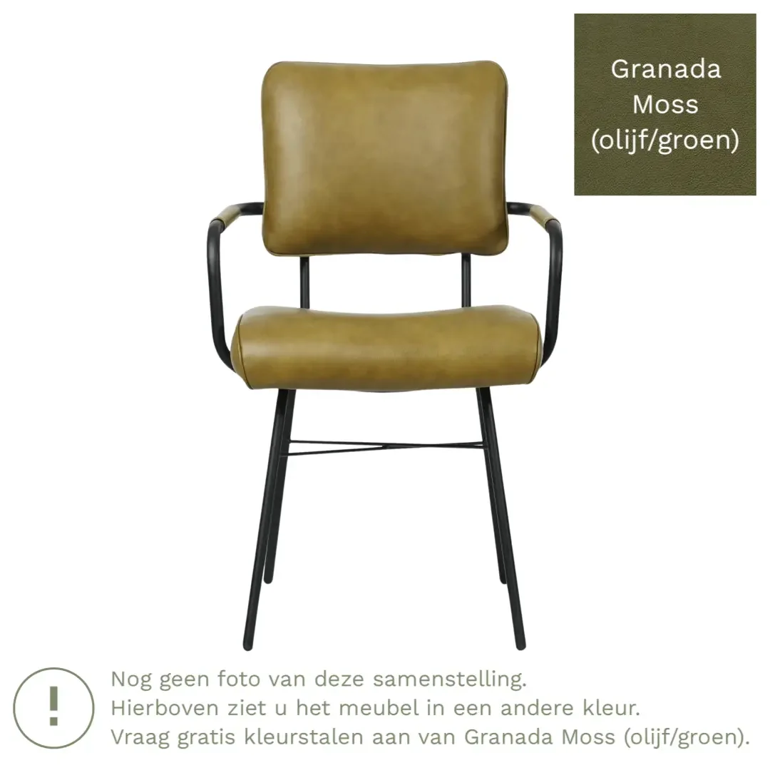 afbeelding van Leren eetkamerstoel Solid met armleuning - Granada Moss (olijf/groen) - Poten staal rond zwart