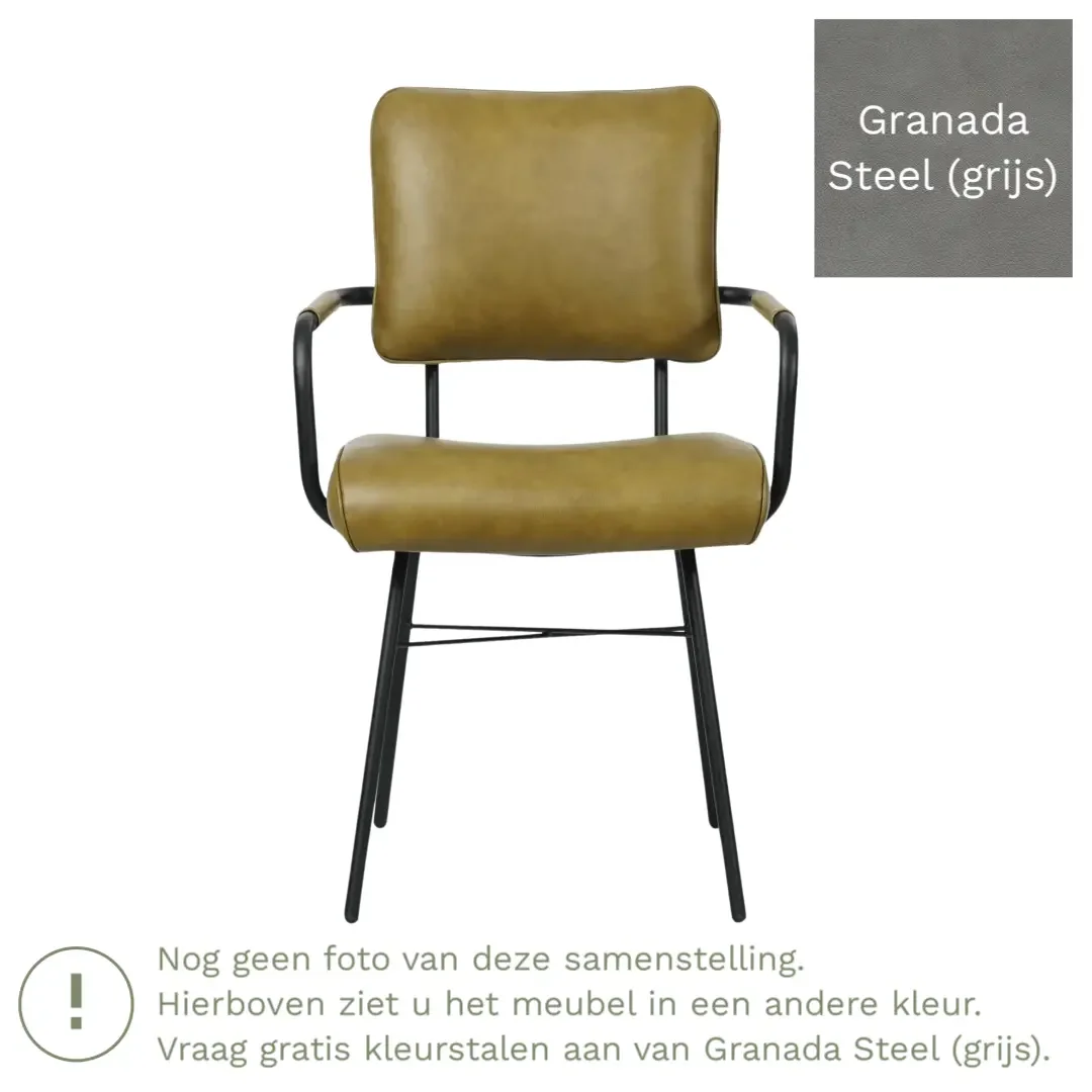 afbeelding van Leren eetkamerstoel Solid met armleuning - Granada Steel (grijs) - Poten staal rond zwart