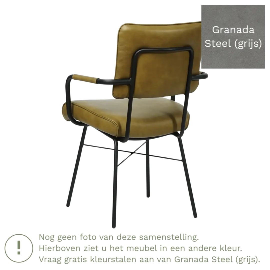afbeelding van Leren eetkamerstoel Solid met armleuning - Granada Steel (grijs) - Poten staal rond zwart