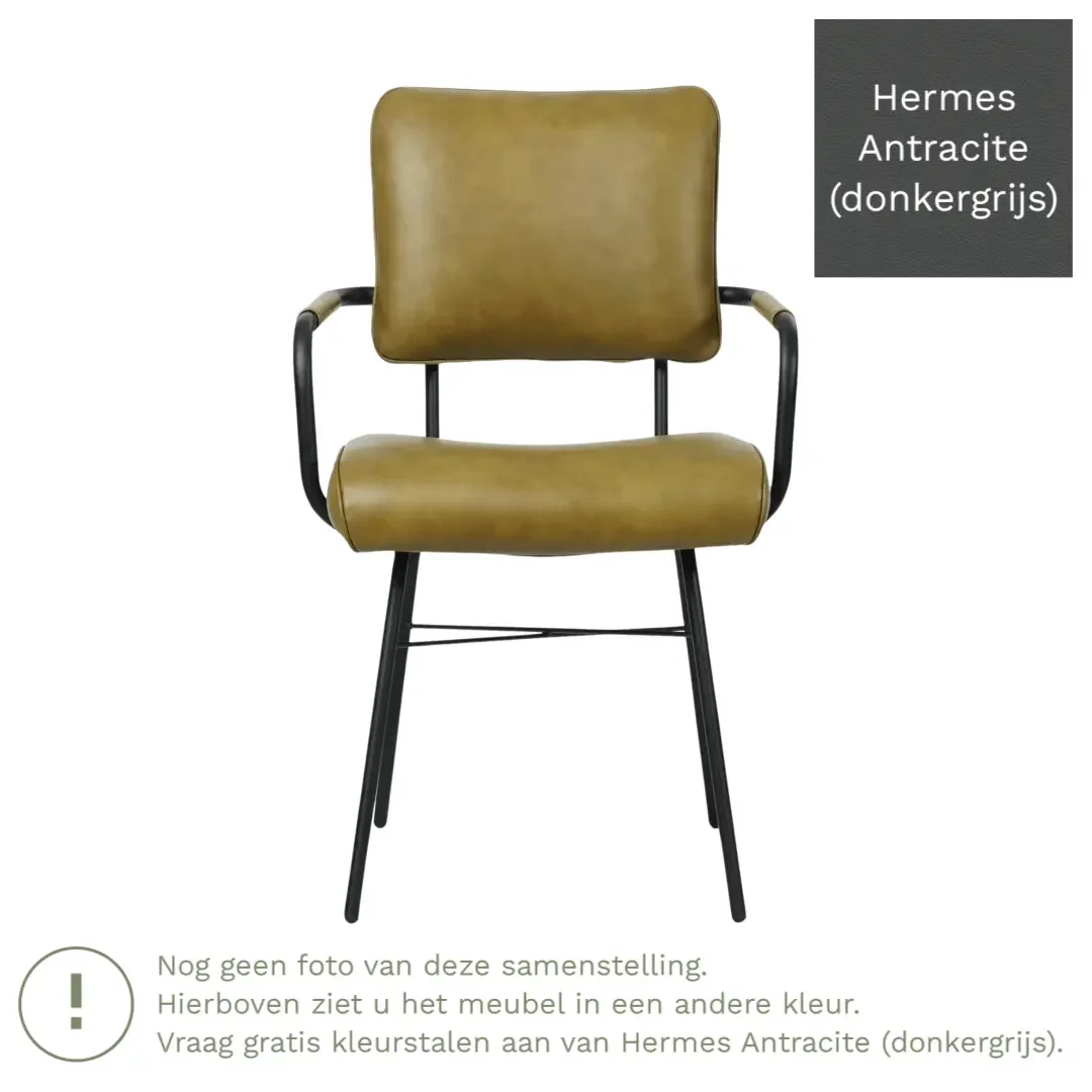 afbeelding van Leren eetkamerstoel Solid met armleuning - Hermes Antracite (donkergrijs) - Poten staal rond zwart