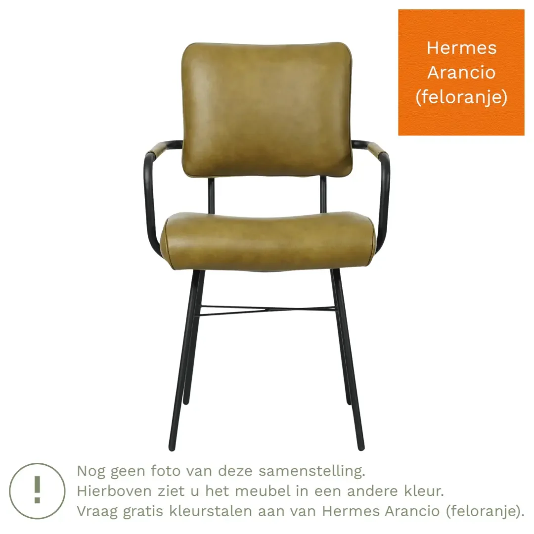 afbeelding van Leren eetkamerstoel Solid met armleuning - Hermes Arancio (feloranje) - Poten staal rond zwart