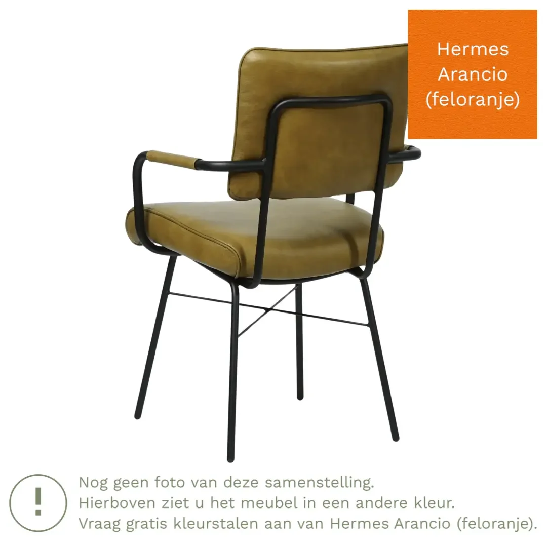 afbeelding van Leren eetkamerstoel Solid met armleuning - Hermes Arancio (feloranje) - Poten staal rond zwart