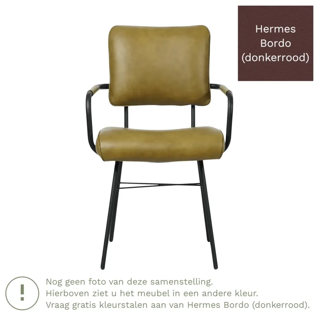 afbeelding van Leren eetkamerstoel Solid met armleuning - Hermes Bordo (donkerrood) - Poten staal rond zwart