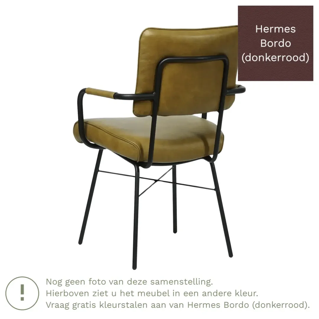afbeelding van Leren eetkamerstoel Solid met armleuning - Hermes Bordo (donkerrood) - Poten staal rond zwart