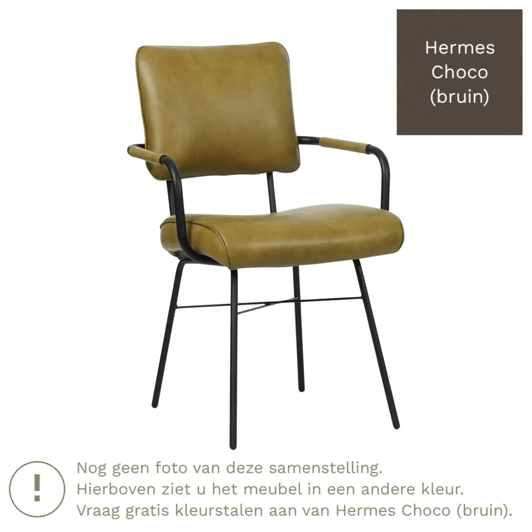 afbeelding van Leren eetkamerstoel Solid met armleuning - Hermes Choco (bruin) - Poten staal rond zwart