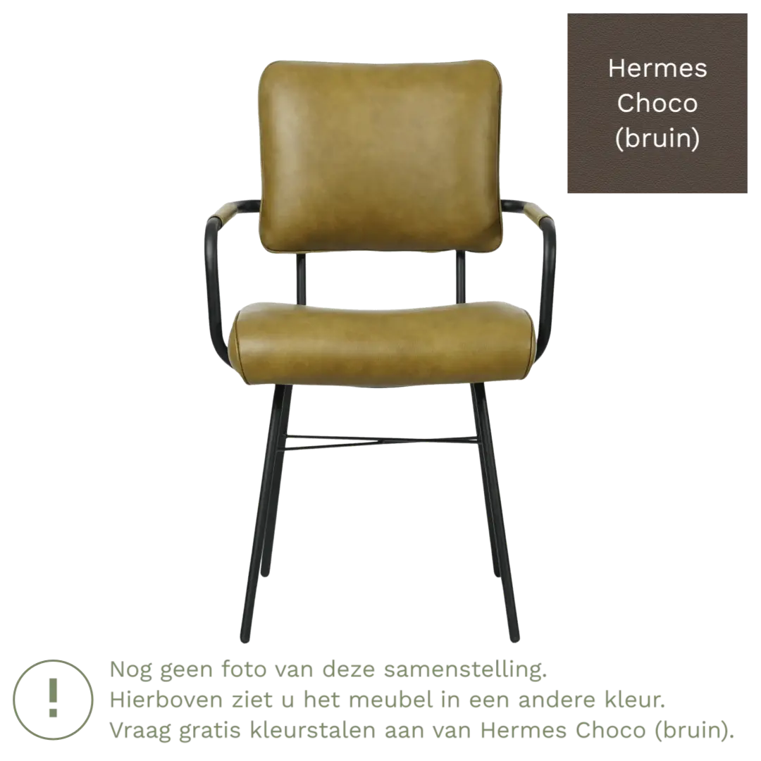 afbeelding van Leren eetkamerstoel Solid met armleuning - Hermes Choco (bruin) - Poten staal rond zwart