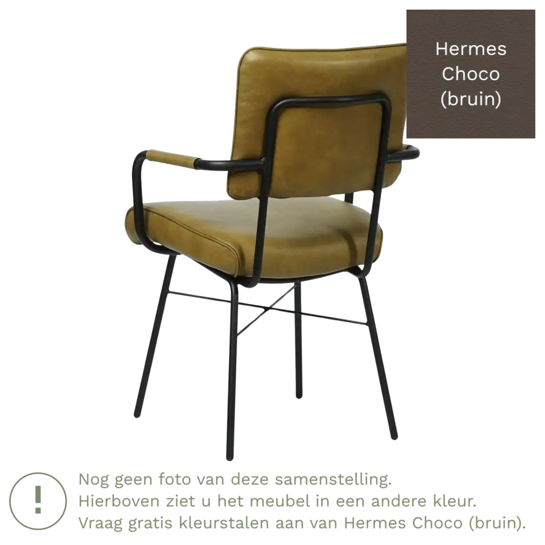 afbeelding van Leren eetkamerstoel Solid met armleuning - Hermes Choco (bruin) - Poten staal rond zwart