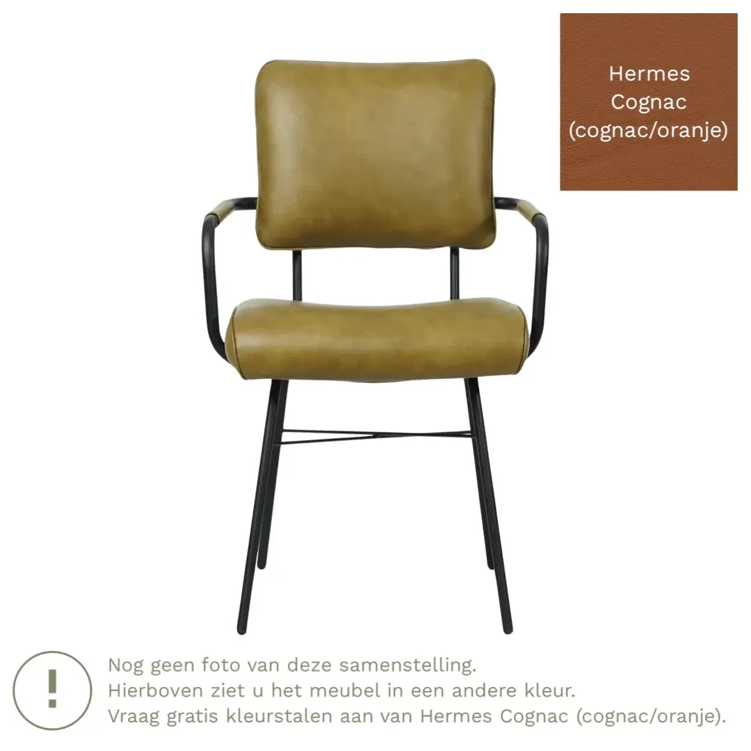 afbeelding van Leren eetkamerstoel Solid met armleuning - Hermes Cognac (cognac/oranje) - Poten staal rond zwart