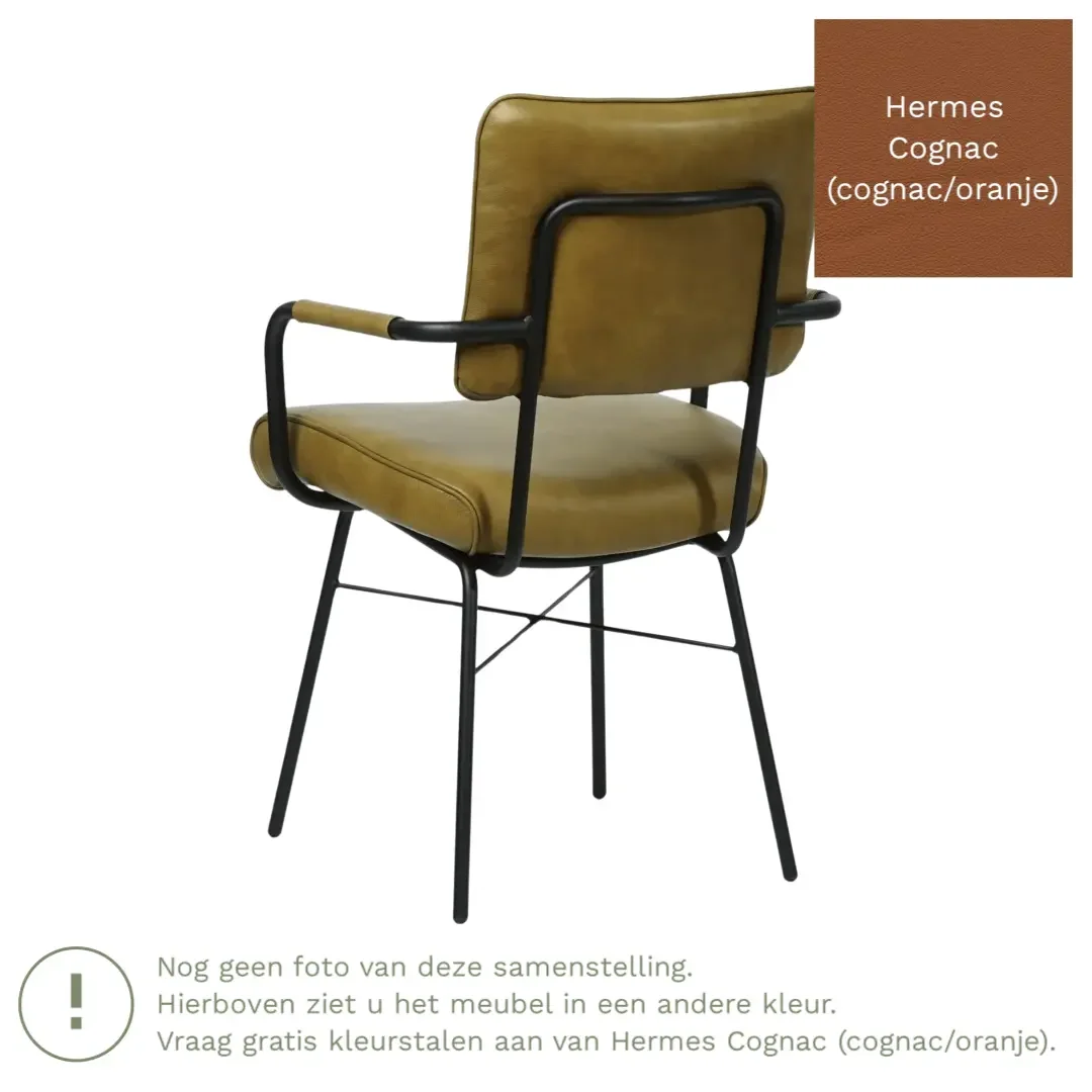 afbeelding van Leren eetkamerstoel Solid met armleuning - Hermes Cognac (cognac/oranje) - Poten staal rond zwart